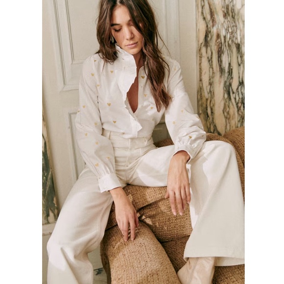 Sezane Tops - Sezane Chlo Gold Hearts Embroidered Shirt
